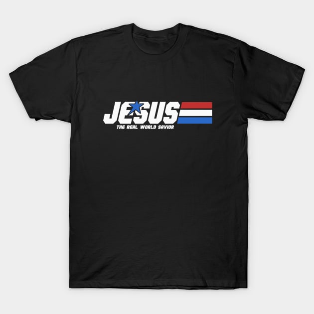 Jesus, the real World savior, white text T-Shirt by Selah Shop